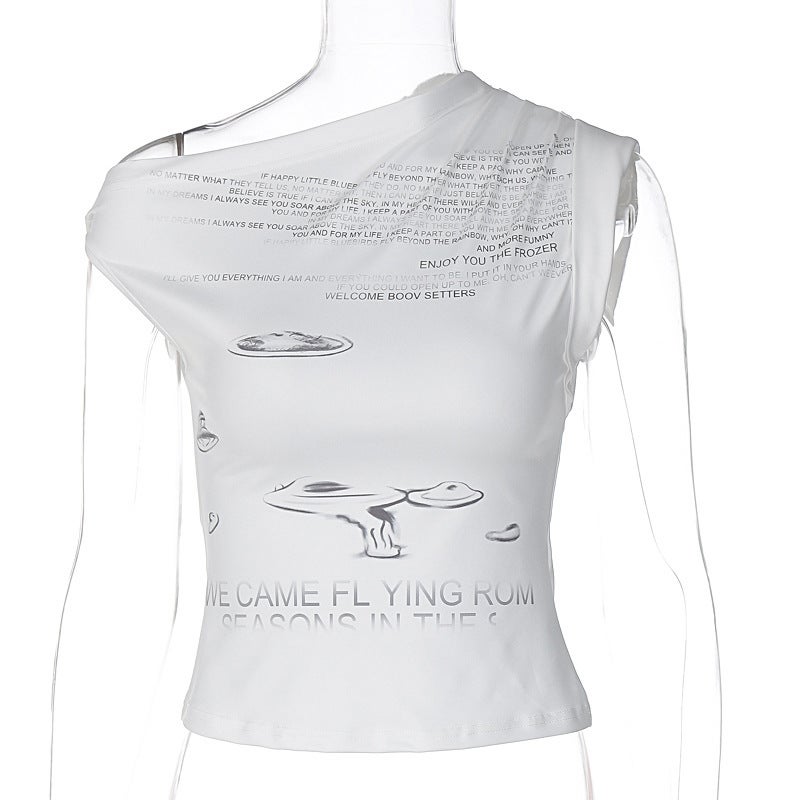 Internet Celebrity Fashion Stylish Letter Print Elegant Asymmetrical Sloping Shoulder T-Shirt 2024 Versatile Top Trendy - Image 1