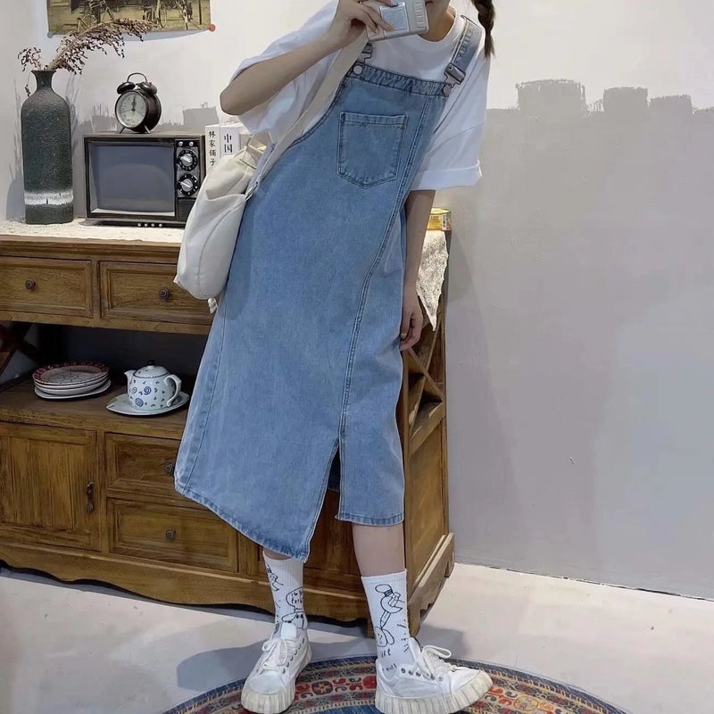 Ins Retro Age-Reducing Loose Denim Strand Skirt Girl'S All-Match Split Slimming Dress Trendy - Image 2