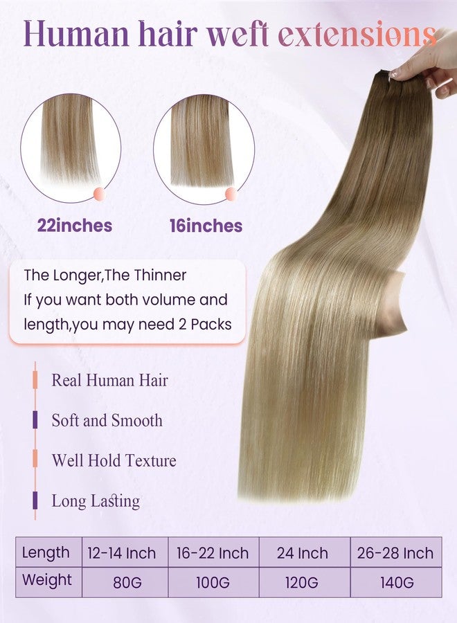 LaaVoo Human Hair Weft Extensions Blonde Ombre Sew in Hair Extensions Real Human Hair Double Weft Hair Extensions Light Brown to Platinum Blonde Balayage Ash Blonde 16 Inch 100g - Image 2