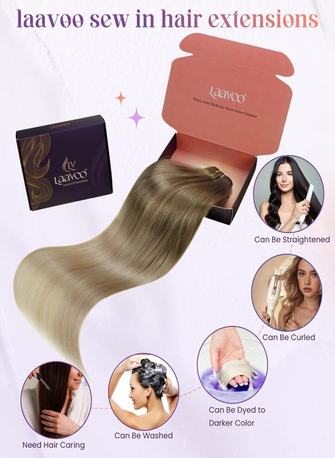 LaaVoo Human Hair Weft Extensions Blonde Ombre Sew in Hair Extensions Real Human Hair Double Weft Hair Extensions Light Brown to Platinum Blonde Balayage Ash Blonde 16 Inch 100g - Image 4