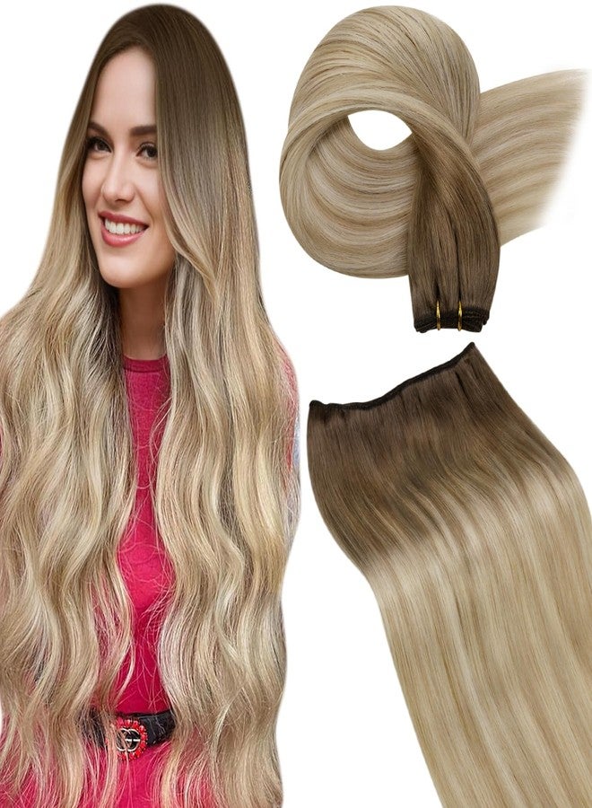 LaaVoo Human Hair Weft Extensions Blonde Ombre Sew in Hair Extensions Real Human Hair Double Weft Hair Extensions Light Brown to Platinum Blonde Balayage Ash Blonde 16 Inch 100g - Image 1