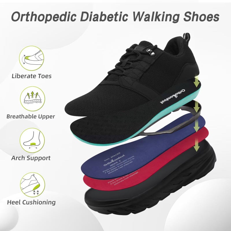 OrthoComfoot Men's Orthopedic Diabetic Wide Walking Shoes: Comfortable Fashion Sneakers for Hammer Toes Arthritis, Adjustable Durable Memory Foam Arch Support Driving Shoes Black Size 12 - Image 3