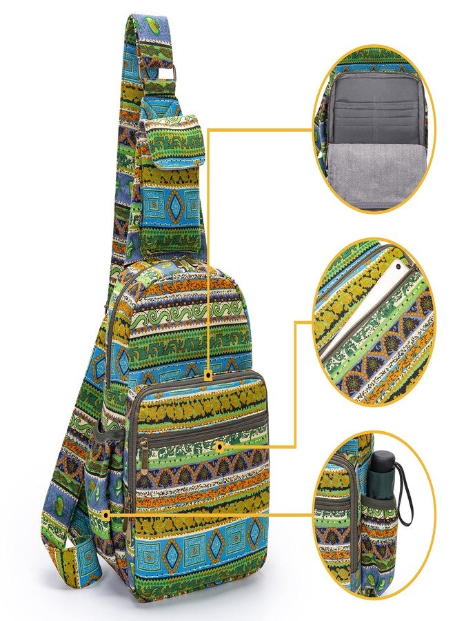 Coton Pose Women sling bag Elephant canvas large boho backpacks bohemian Crossbody Bag, Green Yellow, long9" width5.5" high13.5" - Image 3