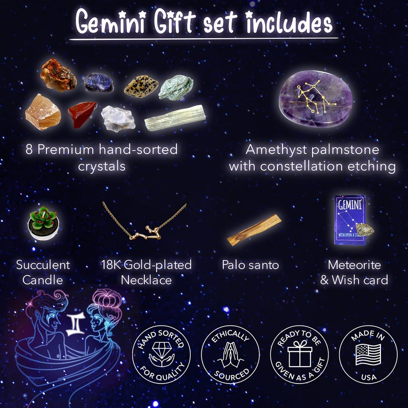 DANCING BEAR Gemini Zodiac Healing Crystals Gift Set (14 Pc): 9 Stones, 18K Gold-Plated Constellation Necklace, Meteorite, Succulent Candle, Palo Santo Smudge Stick, and Info Guide, Made in The USA - Image 4
