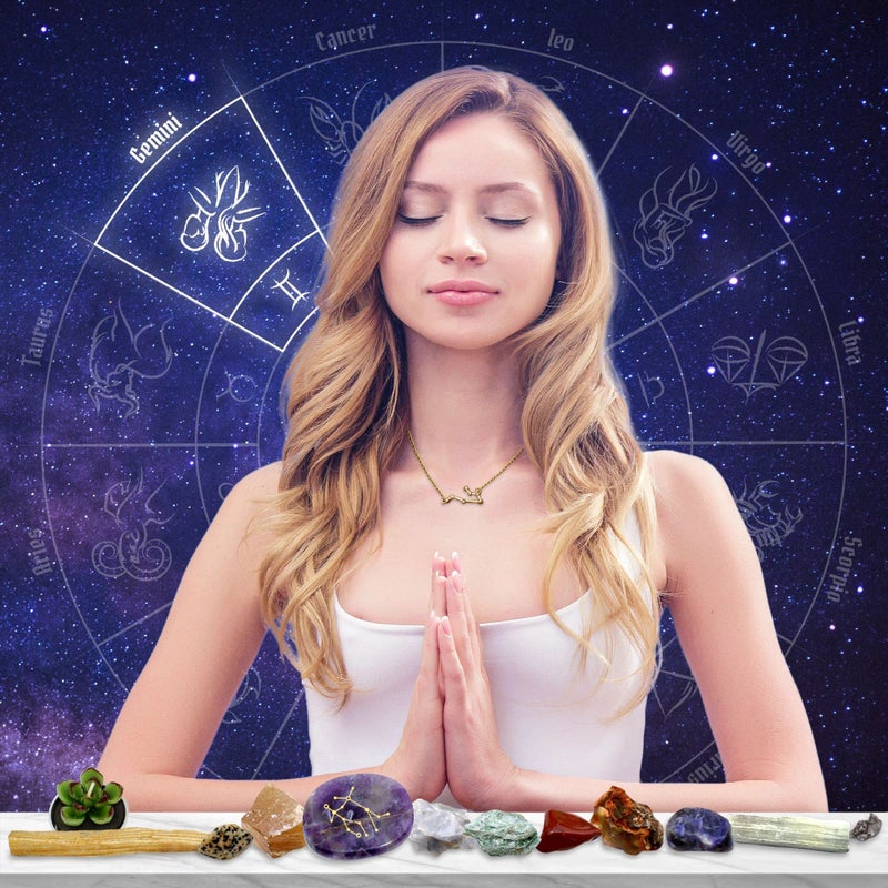 DANCING BEAR Gemini Zodiac Healing Crystals Gift Set (14 Pc): 9 Stones, 18K Gold-Plated Constellation Necklace, Meteorite, Succulent Candle, Palo Santo Smudge Stick, and Info Guide, Made in The USA - Image 3
