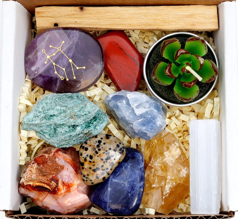 DANCING BEAR Gemini Zodiac Healing Crystals Gift Set (14 Pc): 9 Stones, 18K Gold-Plated Constellation Necklace, Meteorite, Succulent Candle, Palo Santo Smudge Stick, and Info Guide, Made in The USA - Image 2