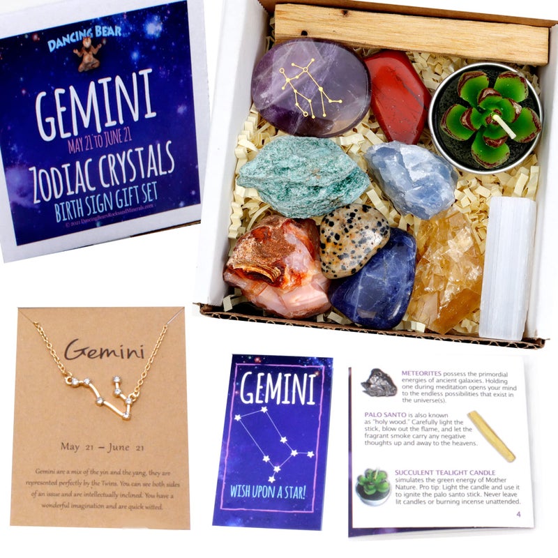 DANCING BEAR Gemini Zodiac Healing Crystals Gift Set (14 Pc): 9 Stones, 18K Gold-Plated Constellation Necklace, Meteorite, Succulent Candle, Palo Santo Smudge Stick, and Info Guide, Made in The USA - Image 1