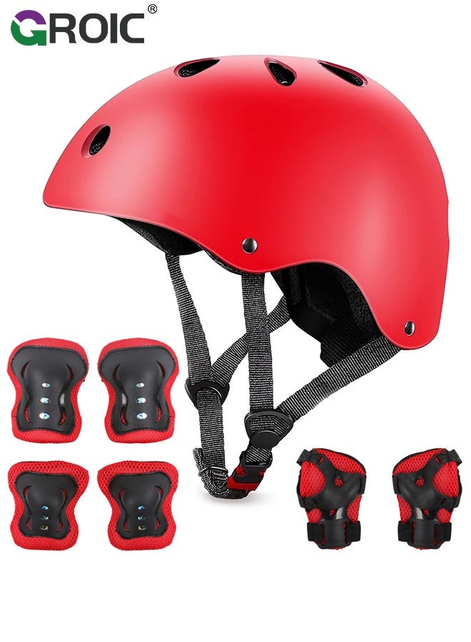 GROIC Kids Protective Gear Adjustable Protective Helmet,Kids Helmet Knee Elbow Pads Wrist Guard Sport Protective Gear Adjustable Scooter Skateboard Roller Bike Skate Cycling Safety Set(Red) - Image 1