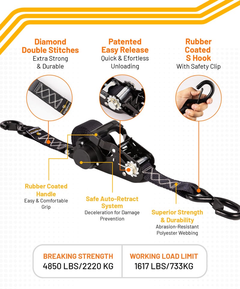 Strapinno 2PCs Retractable Ratchet Tie-Down Straps with Safety S Hooks & Soft Loop Straps - 1.5 in x 12 ft Heavy Duty Ratchet Strap to Secure ATV, Motorcycles, Cargo,4,850 lbs Break Strength (Black) - Image 2