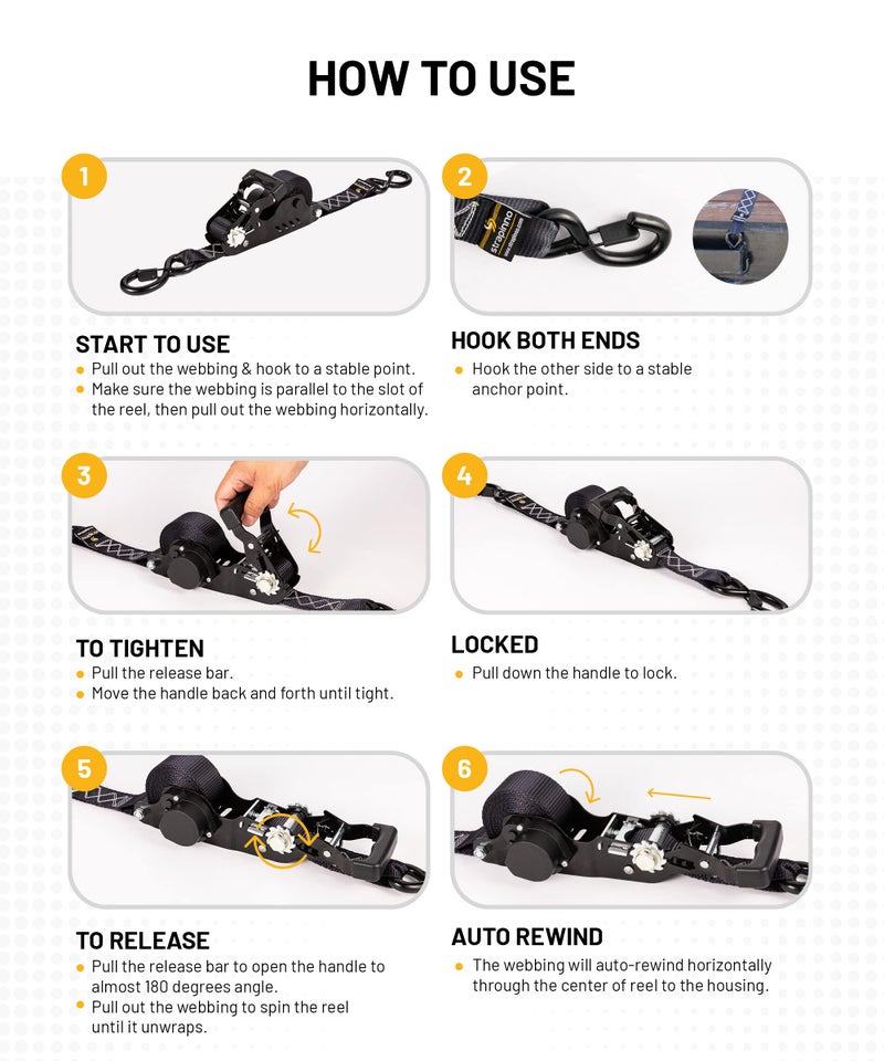Strapinno 2PCs Retractable Ratchet Tie-Down Straps with Safety S Hooks & Soft Loop Straps - 1.5 in x 12 ft Heavy Duty Ratchet Strap to Secure ATV, Motorcycles, Cargo,4,850 lbs Break Strength (Black) - Image 4