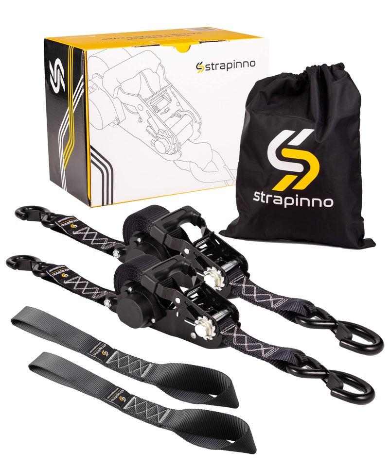 Strapinno 2PCs Retractable Ratchet Tie-Down Straps with Safety S Hooks & Soft Loop Straps - 1.5 in x 12 ft Heavy Duty Ratchet Strap to Secure ATV, Motorcycles, Cargo,4,850 lbs Break Strength (Black) - Image 1