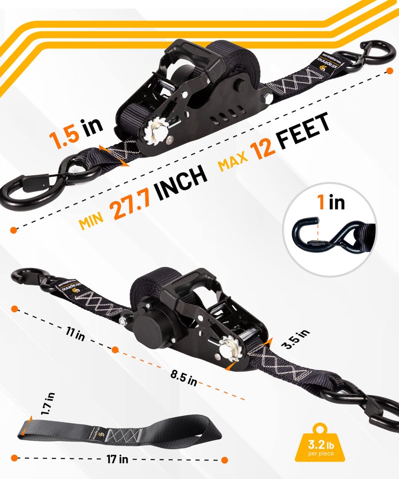 Strapinno 2PCs Retractable Ratchet Tie-Down Straps with Safety S Hooks & Soft Loop Straps - 1.5 in x 12 ft Heavy Duty Ratchet Strap to Secure ATV, Motorcycles, Cargo,4,850 lbs Break Strength (Black) - Image 3