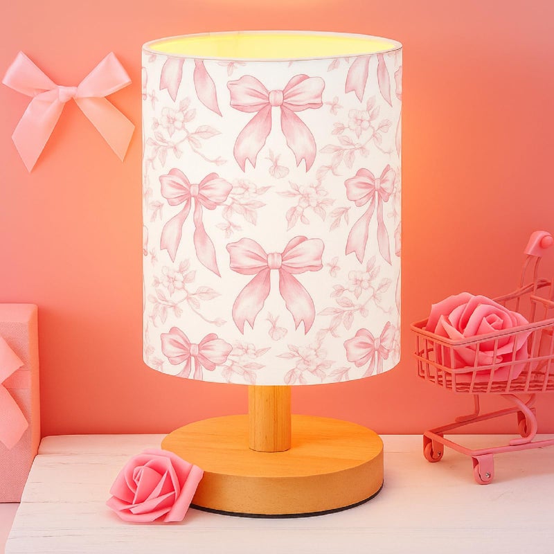 VIHOSE Flora Bow Kids Table Lamp for Bedroom Kids Bedside Lamp with Linen Wooden Nightstand Cartoon Nursery Lampshade for Girls Boys Living Room - Image 2