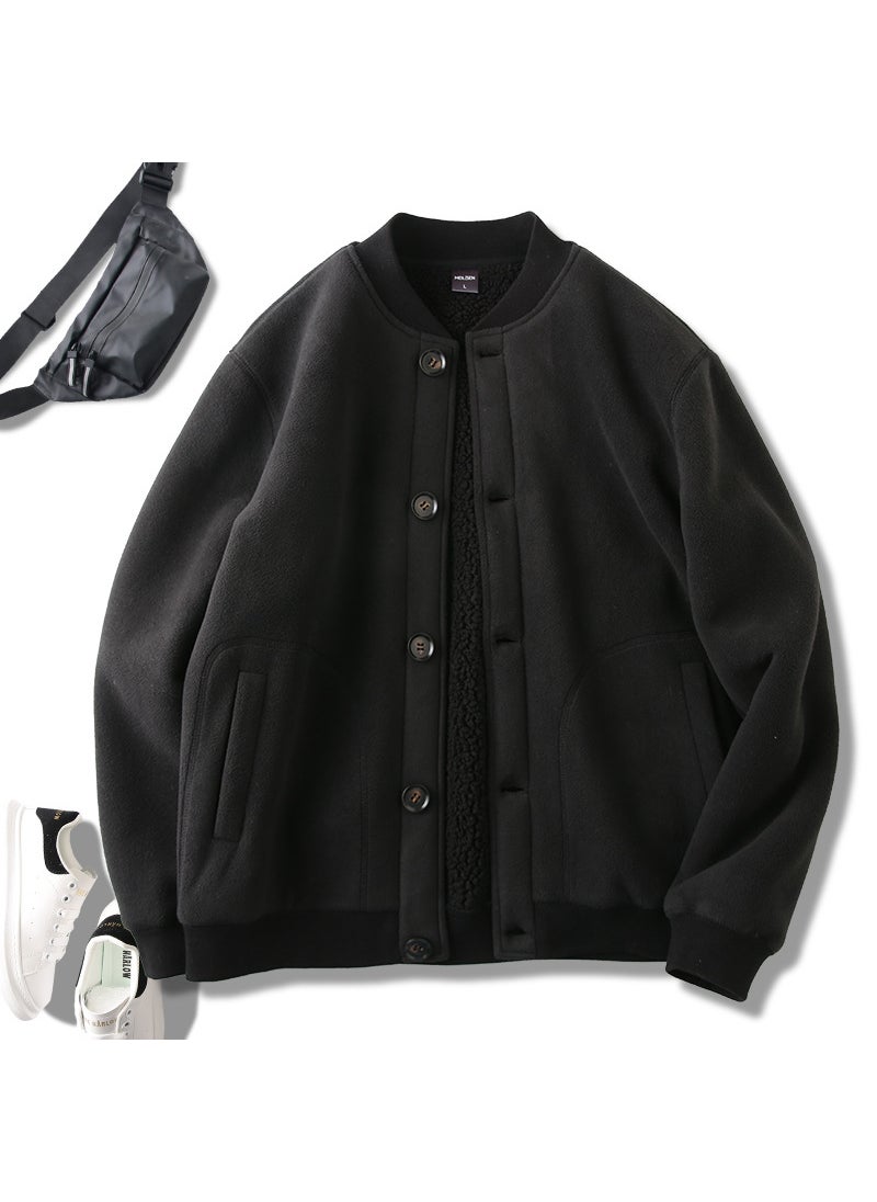 Generic - Shengban Rong Wool Cardigan Jacket For Men Double Layer Loose Fit Summer Thin Style Warm Comfortable Cotton And Wool Blend Black 2351 - Image 1