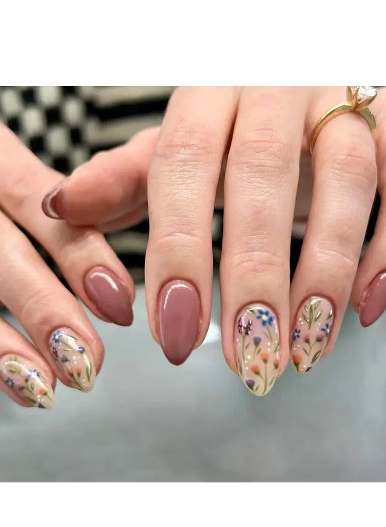 جوسكوين أظافر لاصقة، 30 قطعة، أظافر لاصقة قصيرة على شكل لوزية قابلة لإعادة الاستخدام مع ملصقات زهور دقيقة: أظافر صناعية قابلة للإزالة تغطي الأظافر بالكامل لحل سريع وسهل ومبتكر وأنيق للعناية بالأظافر. أظافر أكريليك مع مجموعة غراء. - Image 1
