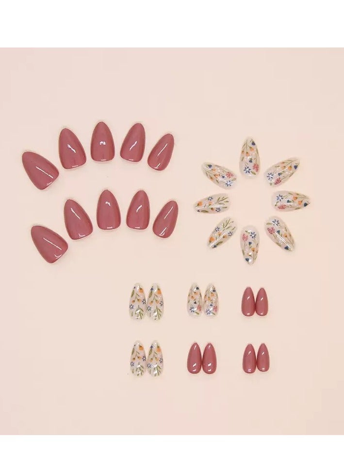 جوسكوين أظافر لاصقة، 30 قطعة، أظافر لاصقة قصيرة على شكل لوزية قابلة لإعادة الاستخدام مع ملصقات زهور دقيقة: أظافر صناعية قابلة للإزالة تغطي الأظافر بالكامل لحل سريع وسهل ومبتكر وأنيق للعناية بالأظافر. أظافر أكريليك مع مجموعة غراء. - Image 2