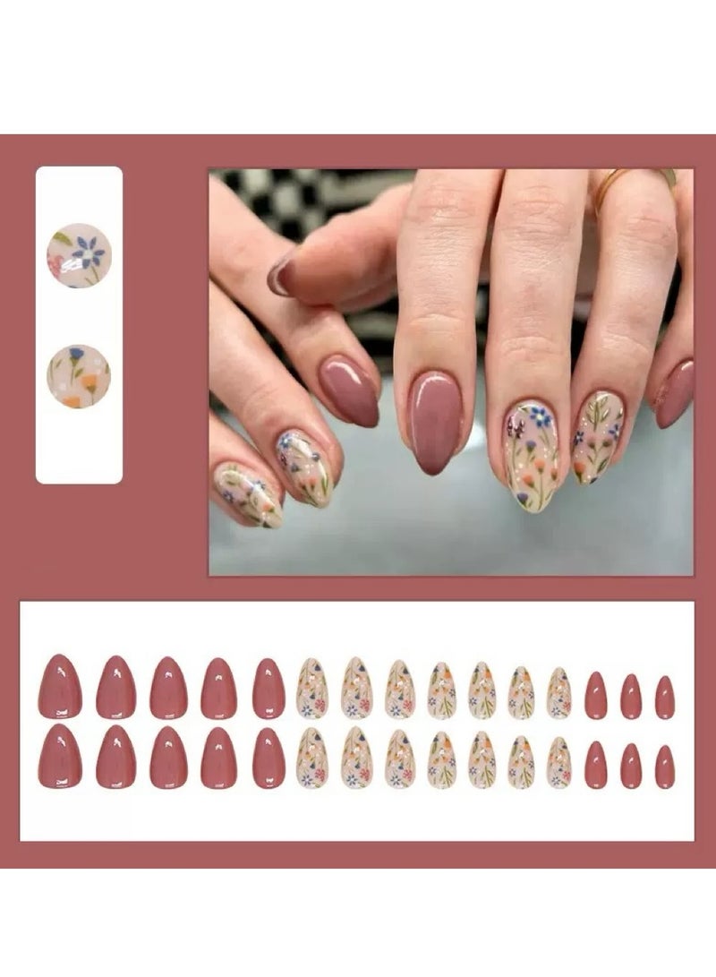جوسكوين أظافر لاصقة، 30 قطعة، أظافر لاصقة قصيرة على شكل لوزية قابلة لإعادة الاستخدام مع ملصقات زهور دقيقة: أظافر صناعية قابلة للإزالة تغطي الأظافر بالكامل لحل سريع وسهل ومبتكر وأنيق للعناية بالأظافر. أظافر أكريليك مع مجموعة غراء. - Image 3