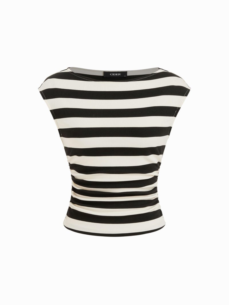 CIDER Striped Boat Neck Tops for Women Sleeveless Ruched Crop Tank Tops Slim Fit Trendy Summer Outfits Casual - Image 1