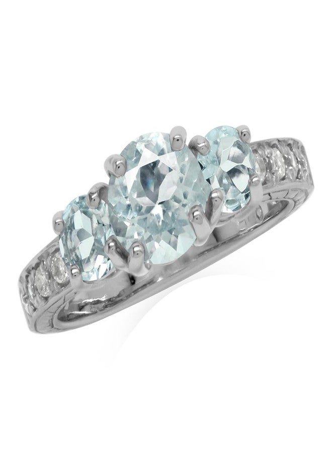 Silvershake 1.09ct. 3 Stone Genuine Blue Aquamarine White Gold Plated 925 Sterling Silver Ring Size 10 - Image 1