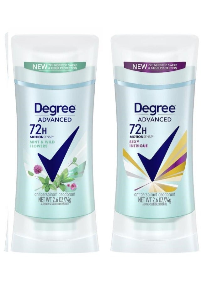 Degree Set of 2 Degree Advanced Antiperspirant Deodorant ( Degree Advanced, 72H MotionSense Mint & Wild Flowers Antiperspirant Deodorant 74 Grams  , And Degree Advanced 72H MotionSense, Sexy Intrigue Antiperspirant Deodorant, 74 Grams) - Image 1