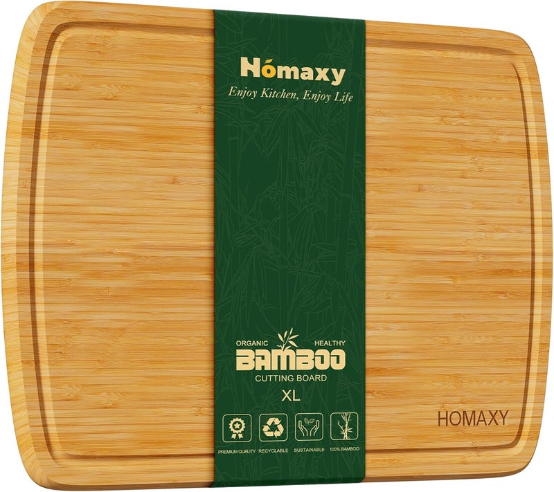 Homaxy ألواح تقطيع من الخيزران كبيرة الحجم للمطبخ، 18x12.5" لوح تقطيع خشبي XL مع أخدود للعصير، لوح تقطيع خشبي للمطبخ، اللحم، الجبن، الفاكهة والخضروات - مشبع مسبقاً بالزيت - Image 1