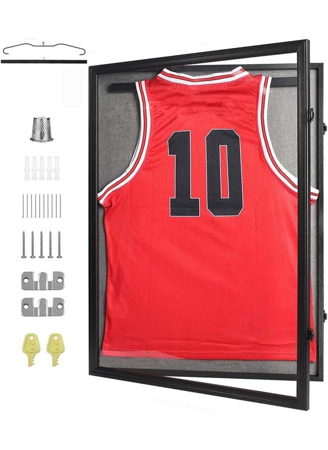 L&E Jersey Frame Display Case Large Lockable Sports Jersey Frame Shadow Box with 98% Uv Protected Acrylic and Hanger for Basketball Hockey Sport Shirt Linen Black  - Image 1
