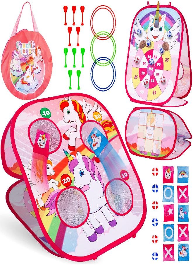 Chuchik Bean Bag Toss Game For Girls - 5In1 Portable Indoor Unicorn Party Games, Outdoor Toys For 3+ Year Old Girls- Unicorn Toys For Girls Age 3 4 5 6 7 8 - Little Girl Toys, Unicorn Gifts For Girls  - Image 1