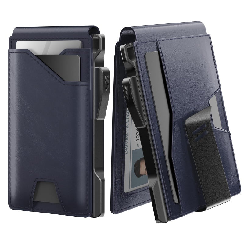 typecase Tactical Wallet for Men Card Holder Pop Up Card Case Genuine Leather Smart RFID Blocking Slim Minimalist Thin Front Pocket 913 Card Capacitiy ID Window Money Clip Navy - Image 2