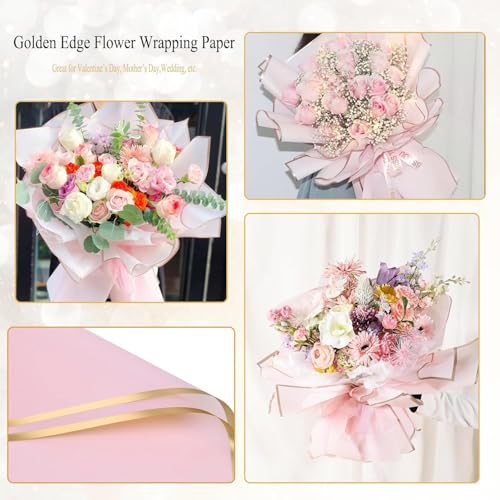 Just Flowers Waterproof Floral Wrapping Paper, Gift Wrapping Paper Roll Sheet, Florist Bouquet Supplies (Rose Pink with Gold Edge, Pack of 10) - Image 4