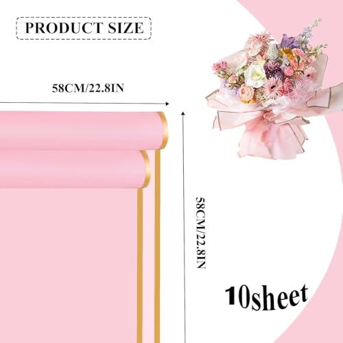 Just Flowers Waterproof Floral Wrapping Paper, Gift Wrapping Paper Roll Sheet, Florist Bouquet Supplies (Rose Pink with Gold Edge, Pack of 10) - Image 2