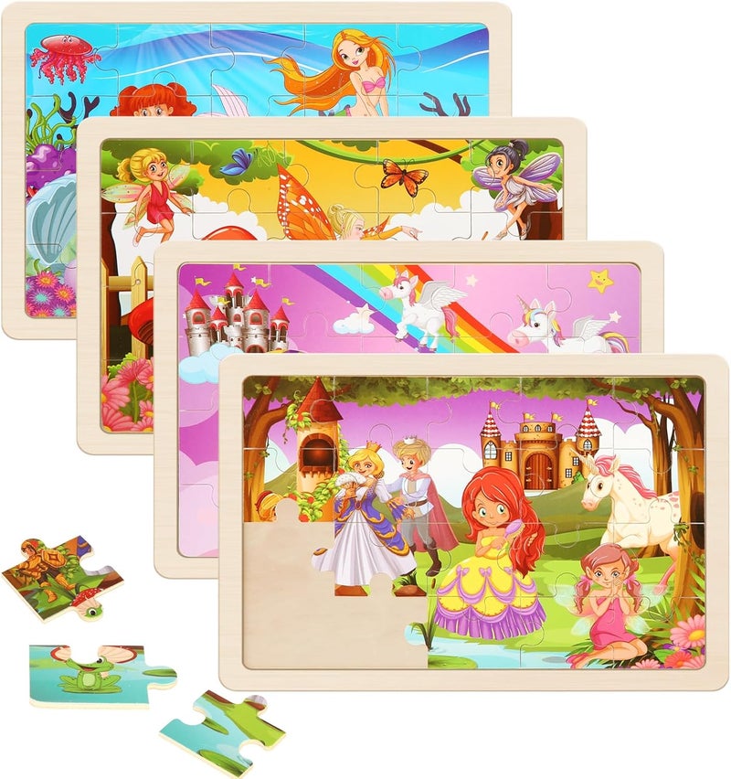 NASHRIO Wooden Puzzles Toys for Kids Ages 3-5, Set of 4 Packs with 20-Piece Unicorn Mermaid Princess Wood Jigsaw Puzzles, Preschool Educational Brain Teaser Toys for Girls 3 4 5 6 Years Old. - Image 1