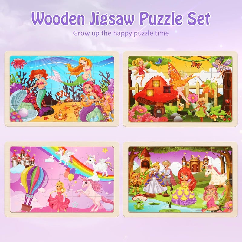 NASHRIO Wooden Puzzles Toys for Kids Ages 3-5, Set of 4 Packs with 20-Piece Unicorn Mermaid Princess Wood Jigsaw Puzzles, Preschool Educational Brain Teaser Toys for Girls 3 4 5 6 Years Old. - Image 2