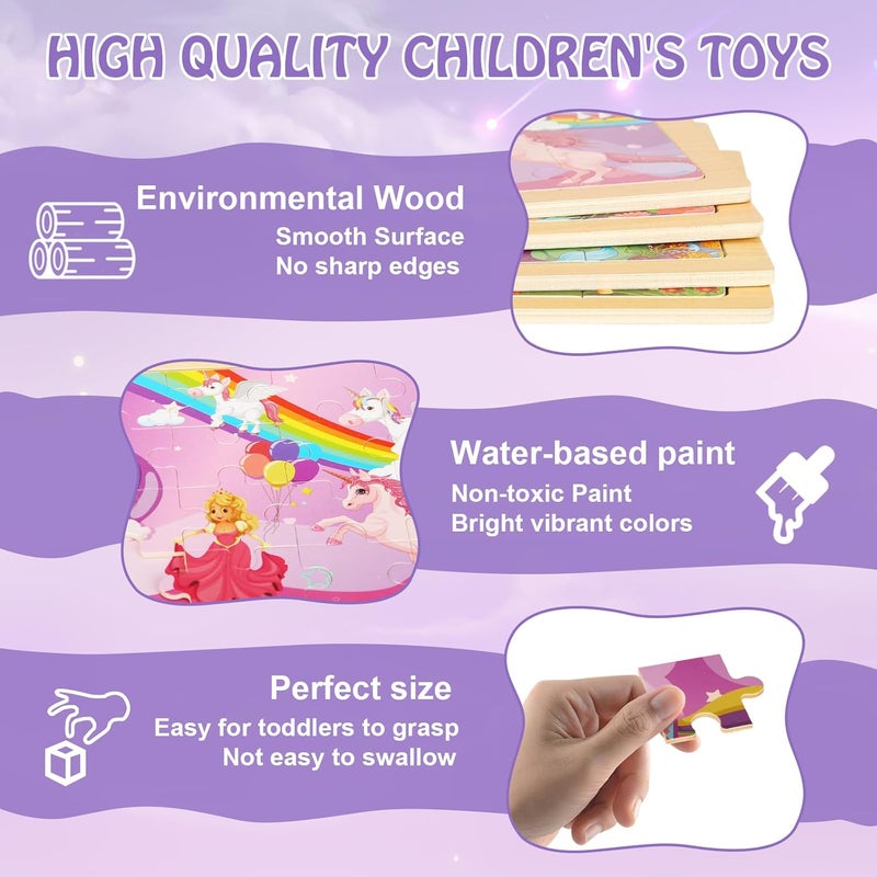 NASHRIO Wooden Puzzles Toys for Kids Ages 3-5, Set of 4 Packs with 20-Piece Unicorn Mermaid Princess Wood Jigsaw Puzzles, Preschool Educational Brain Teaser Toys for Girls 3 4 5 6 Years Old. - Image 4