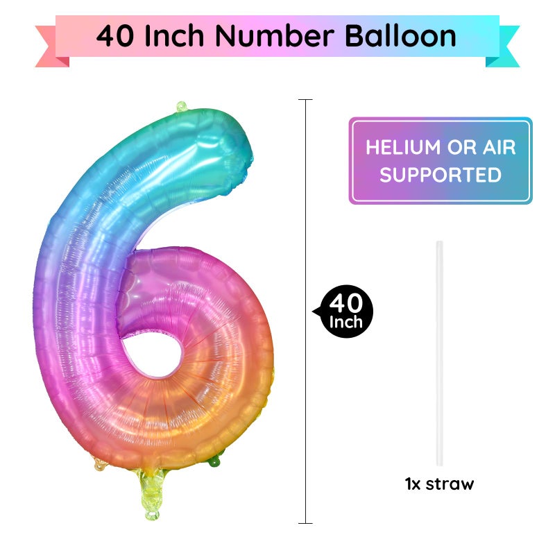 PatiCool Rainbow Number 6 Balloon, 40 Inch Large Number Foil Mylar Balloons for 6th Girl Boy Birthday Party Celebration Decorations Supplies, Digital Balloons for Wedding Anniversary Events Decora - Image 2