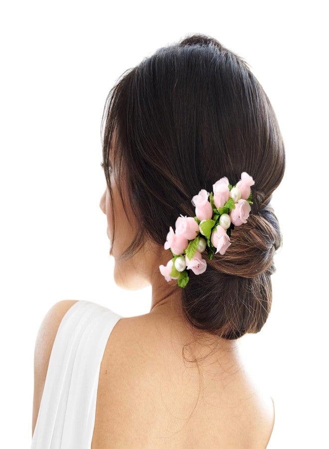 Hair Flare Hair Accessories For Women & Girls, Stylish for Wedding - Artificial Flowers & Pearl Style Juda Bun - Floral Bridal Brooch & Hair Pin, 2751 Rose Comb Slide Baby Pink - Image 3