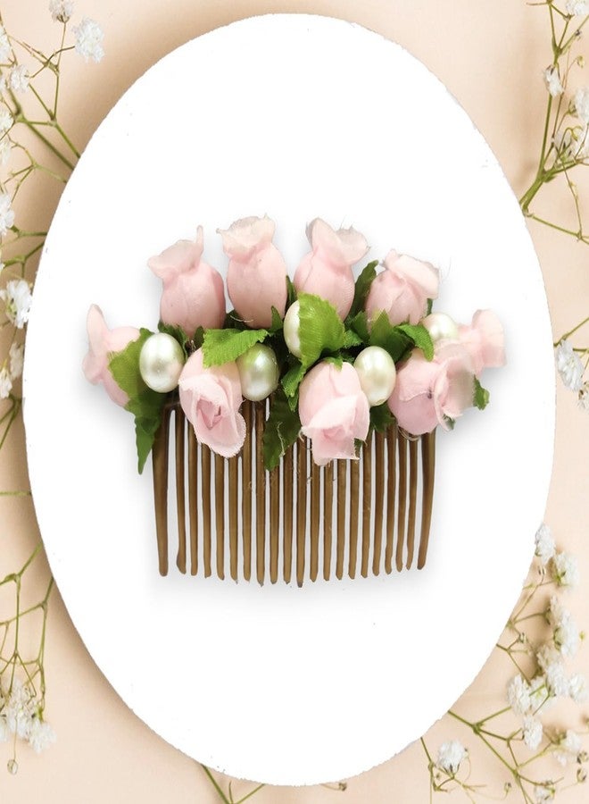 Hair Flare Hair Accessories For Women & Girls, Stylish for Wedding - Artificial Flowers & Pearl Style Juda Bun - Floral Bridal Brooch & Hair Pin, 2751 Rose Comb Slide Baby Pink - Image 5