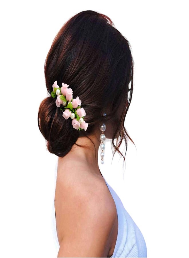Hair Flare Hair Accessories For Women & Girls, Stylish for Wedding - Artificial Flowers & Pearl Style Juda Bun - Floral Bridal Brooch & Hair Pin, 2751 Rose Comb Slide Baby Pink - Image 1