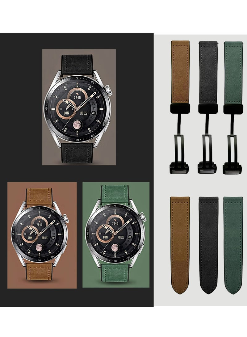 X-level 22mm Leather Watch Strap with Magnetic Buckle Design, Compatible with Huawei GT3/4 46mm, GT3 Pro, Huawei Watch 3, GT2e, GT2 Pro, GT2 42/46mm, Samsung Galaxy Watch 3 45mm/Gear S3(Green+Black+Brown) - Image 1