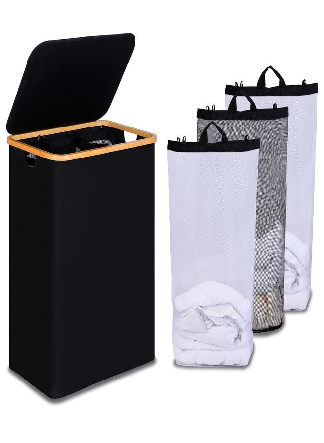 efluky Laundry Hamper with Lid, Trio Laundry Hamper with Removable Bags, 3 Sections Dirty Clothes Basket with Handles for Bathroom, Bedroom & Laundry Room, 160L Black - Image 1