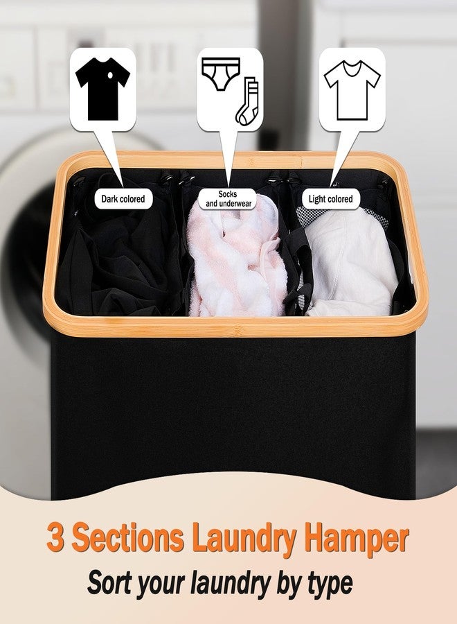 efluky Laundry Hamper with Lid, Trio Laundry Hamper with Removable Bags, 3 Sections Dirty Clothes Basket with Handles for Bathroom, Bedroom & Laundry Room, 160L Black - Image 4