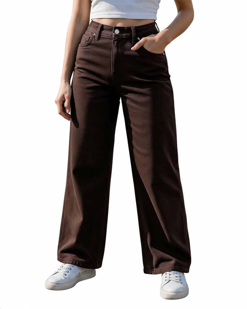 Bewakoof Women's Solid Wide Leg Cotton Baggy Jeans_625168_Brown_32 - Image 1