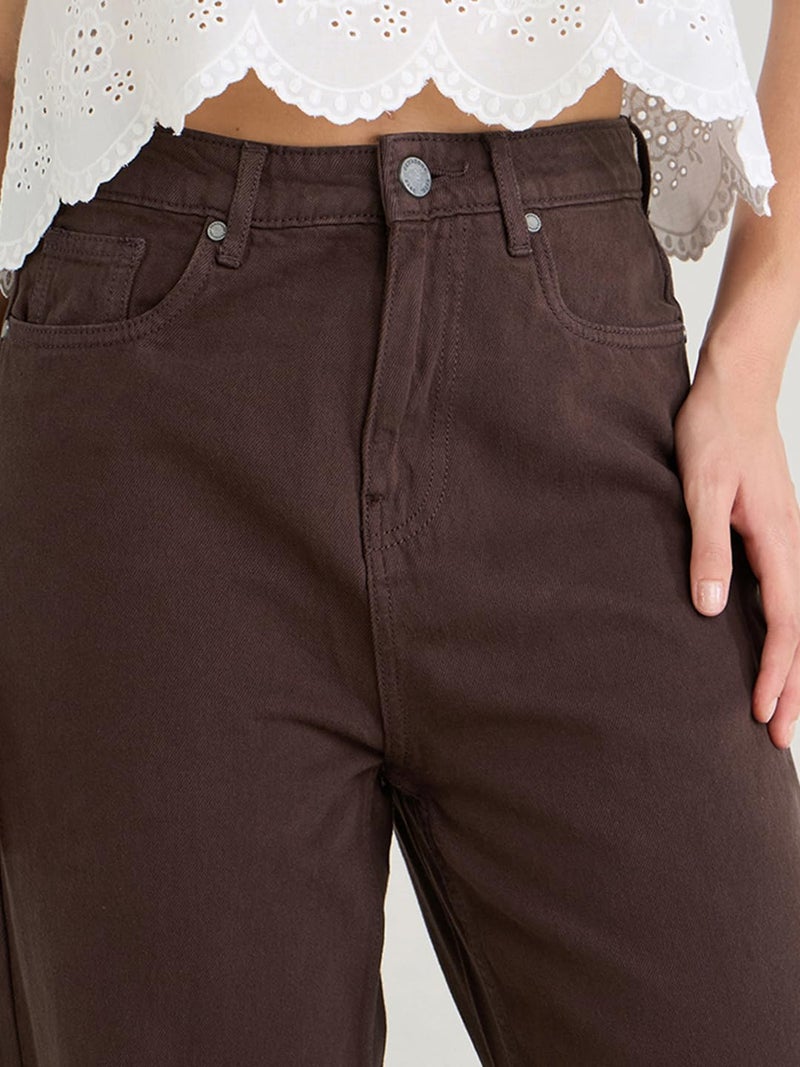 Bewakoof Women's Solid Wide Leg Cotton Baggy Jeans_625168_Brown_32 - Image 5