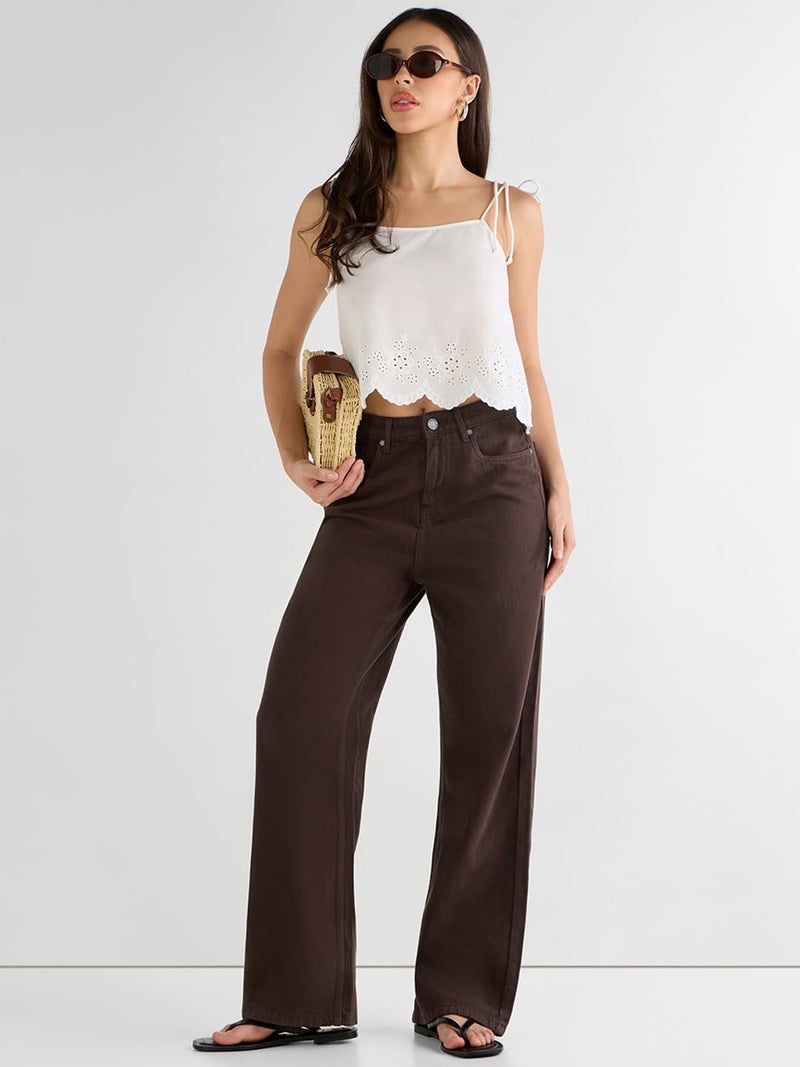 Bewakoof Women's Solid Wide Leg Cotton Baggy Jeans_625168_Brown_32 - Image 4
