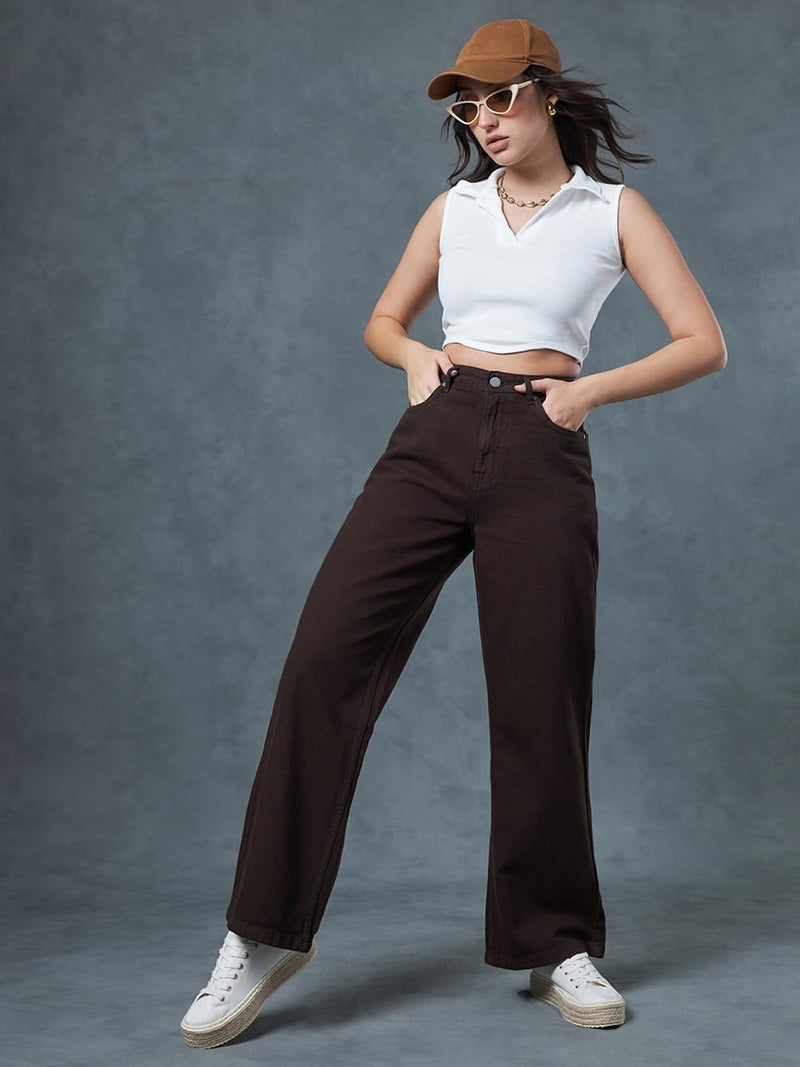 Bewakoof Women's Solid Wide Leg Cotton Baggy Jeans_625168_Brown_32 - Image 2