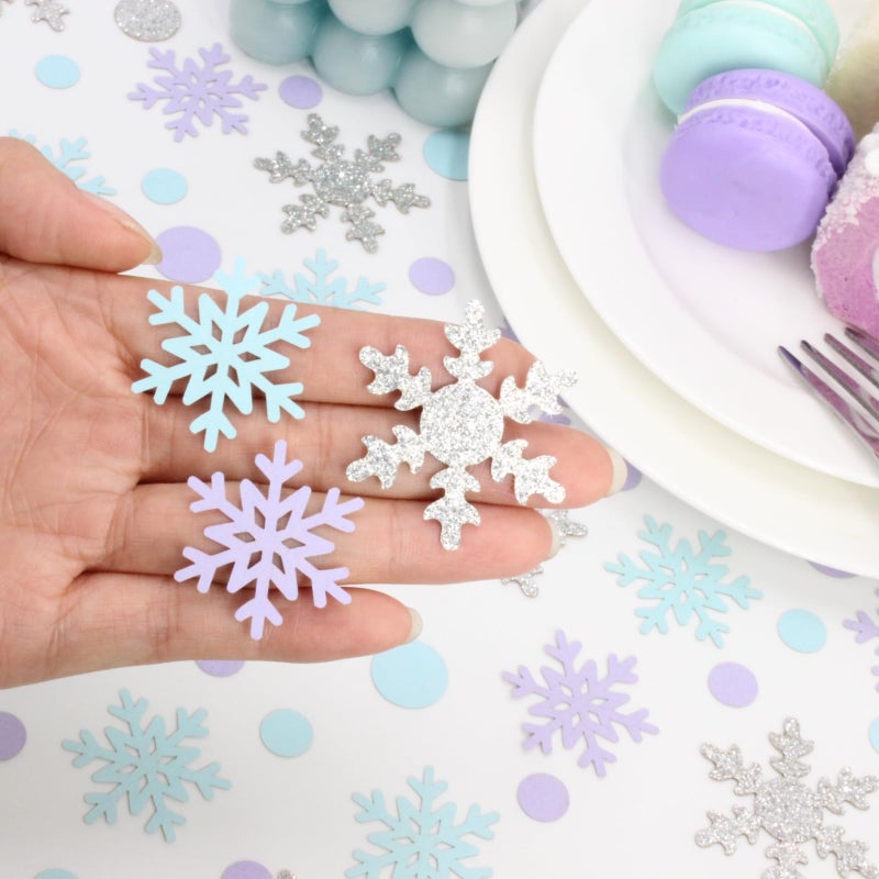 Blopee Snowflake Confetti, 300 PCS Snow Confetti for Winter Wonderland Party Decorations, Purple Blue and Silver Snowflake Winter Wonderland Decorations - Image 4