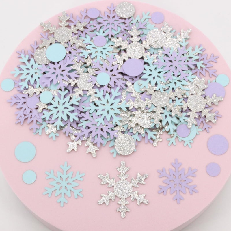 Blopee Snowflake Confetti, 300 PCS Snow Confetti for Winter Wonderland Party Decorations, Purple Blue and Silver Snowflake Winter Wonderland Decorations - Image 1