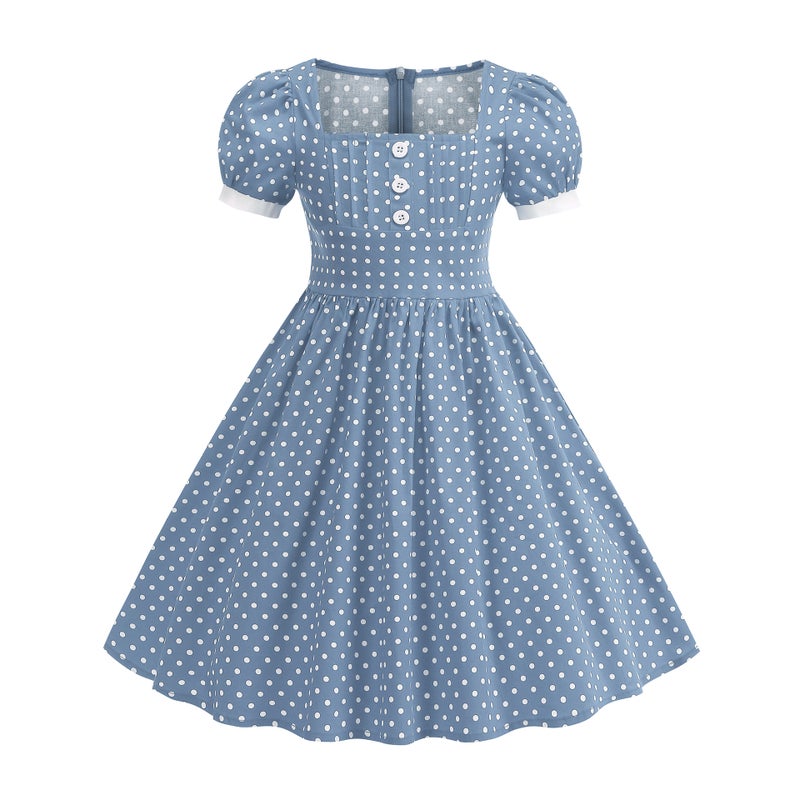 Girls Summer Polka Dot Square Neck Dress - Image 3