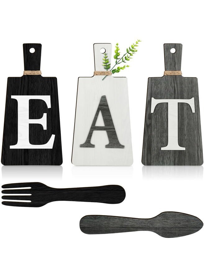 Jetec Cutting Board Eat Sign Set Hanging Art Kitchen Eat Sign Fork and Spoon Wall Decor Rustic Primitive Country Farmhouse Kitchen Decor for Kitchen and Home Decoration (Black, White, Gray) - Image 1
