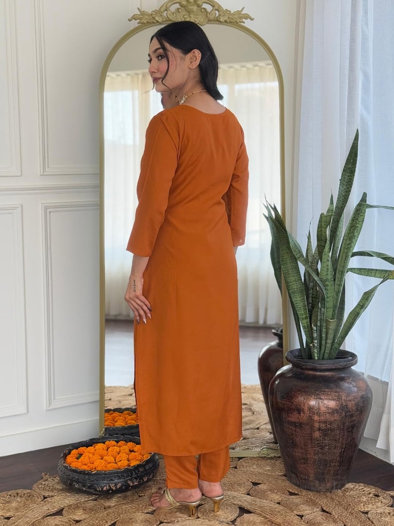 Naixa Women's Rayon Embroidered Straight Kurta with Pant and Dupatta Sets (NX-715-Rust-5XL) - Image 4