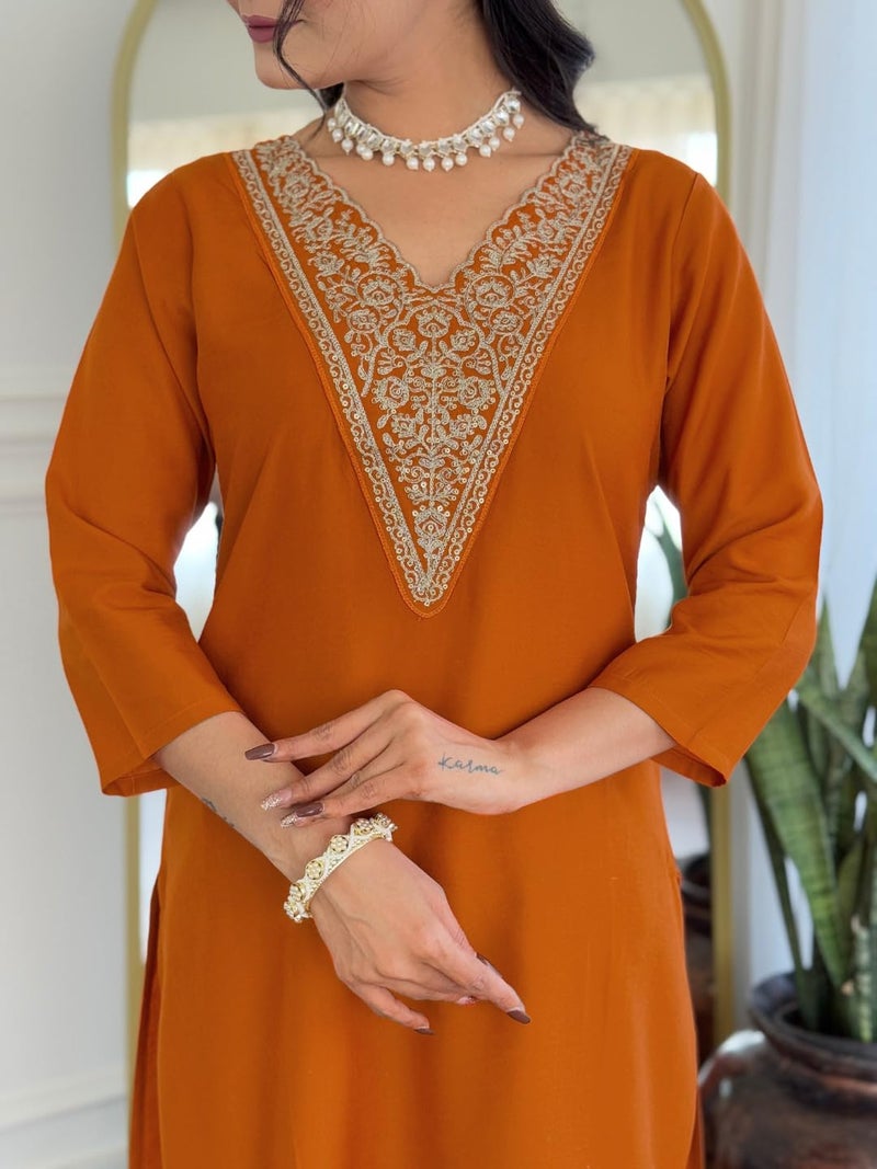 Naixa Women's Rayon Embroidered Straight Kurta with Pant and Dupatta Sets (NX-715-Rust-5XL) - Image 5